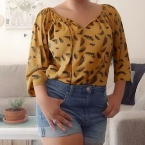 Olivia & Martin Mustard Yellow Feather Print Women's Top